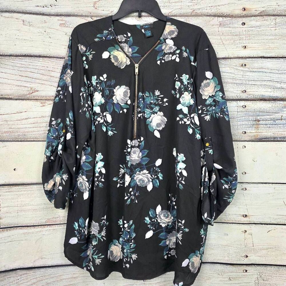 Rue21 Floral Zip Front Tunic Blouse Black 3X